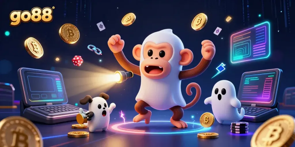 Engage with go88's thrilling virtual casino adventure featuring interactive characters and vibrant gold elements.