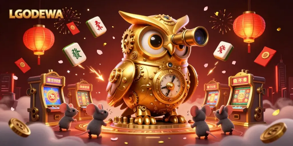 Engage with LGODEWA's captivating casino scene featuring a massive golden owl overlooking lively game elements.