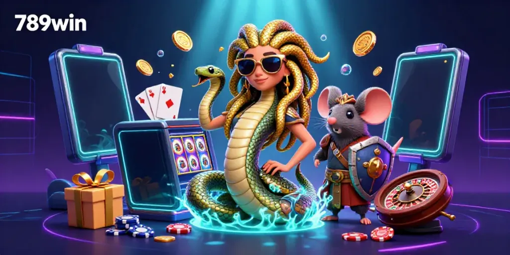 Play colorful slot games and experience 789win excitement with Medusa and a warrior mouse.
