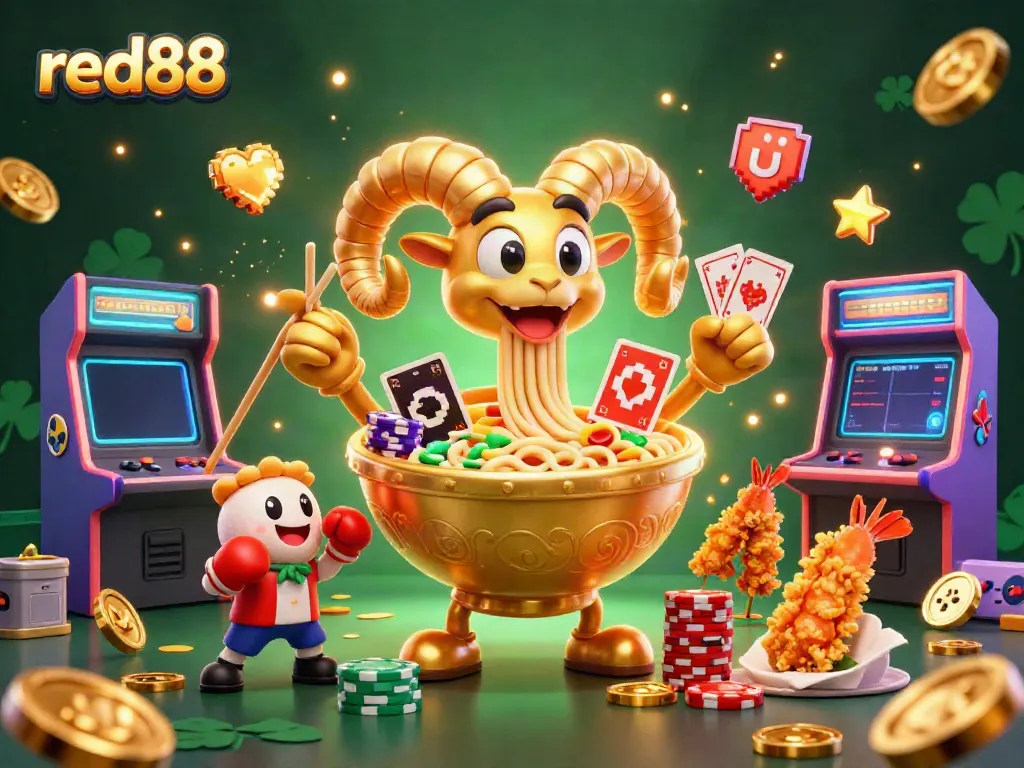 Experience the excitement of red88's vibrant casino world with characters and game elements in a dynamic scene.