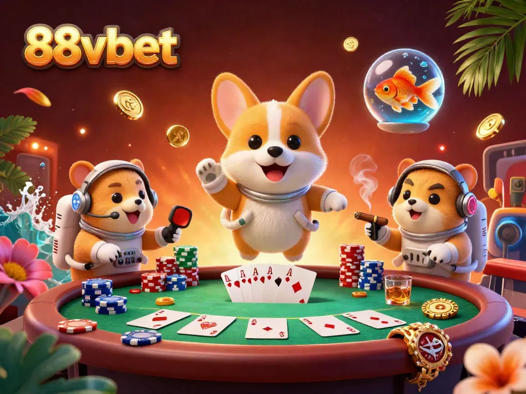 Experience the excitement of 88vbet with a surreal 3D scene featuring a floating corgi in a vibrant space casino.