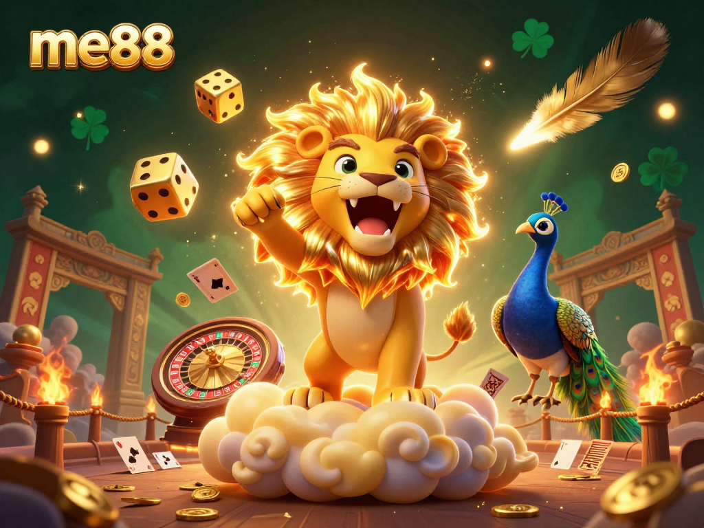 Experience the thrill of me88's live casino, featuring dynamic elements like dice, a lion, and vibrant game components.