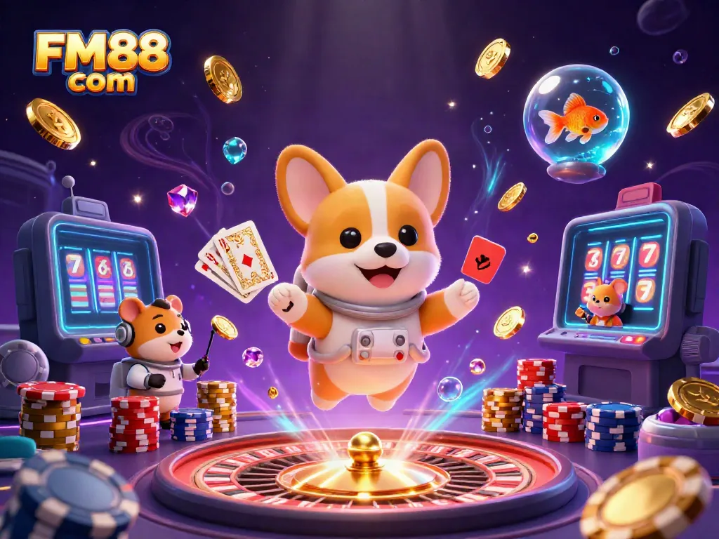 Experience exciting gameplay at FM88 com with a cartoon astronaut and gaming elements floating in zero gravity.