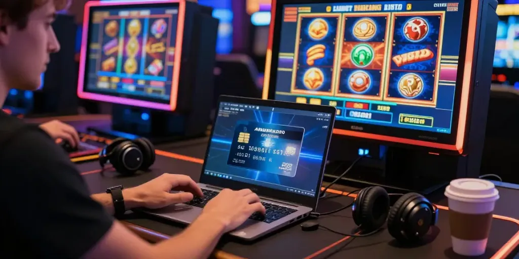 Engaged player using a laptop at an Amex casino, vibrant gaming atmosphere.