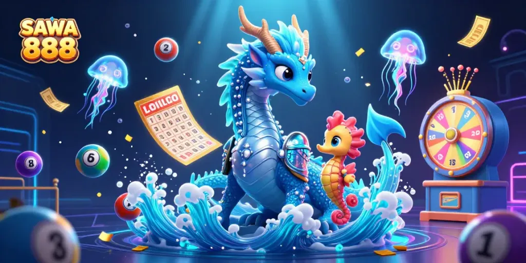 Engage in exciting gameplay with SAWA 888, featuring luminous jellyfish and a striking ocean dragon.