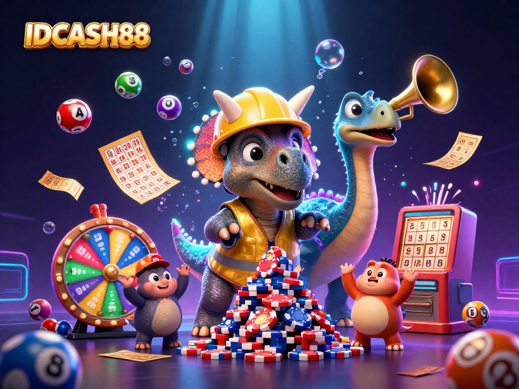 Experience the excitement of winning with IDCASH88 as the cartoon triceratops builds a poker chip pyramid.