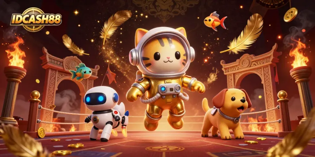 Play and win at IDCASH88 with a vibrant casino adventure featuring playful characters and dynamic elements.