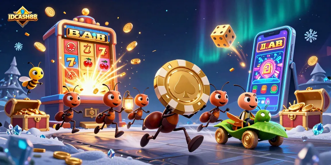 Experience the excitement of IDCASH88 with cartoon ants on a heist amid vibrant casino elements.