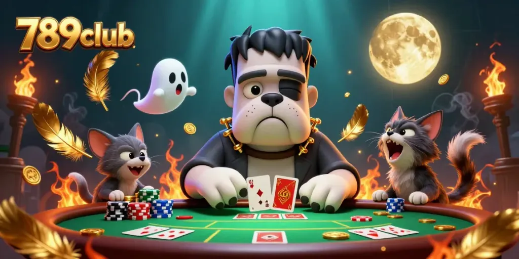 Engage with fun gameplay at 789club, where the Frankenstein bulldog deals poker cards in a ghostly setting.