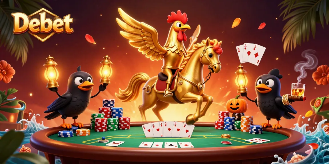 Bet on Debet in a lively casino scene featuring a golden rooster riding a spectral horse.