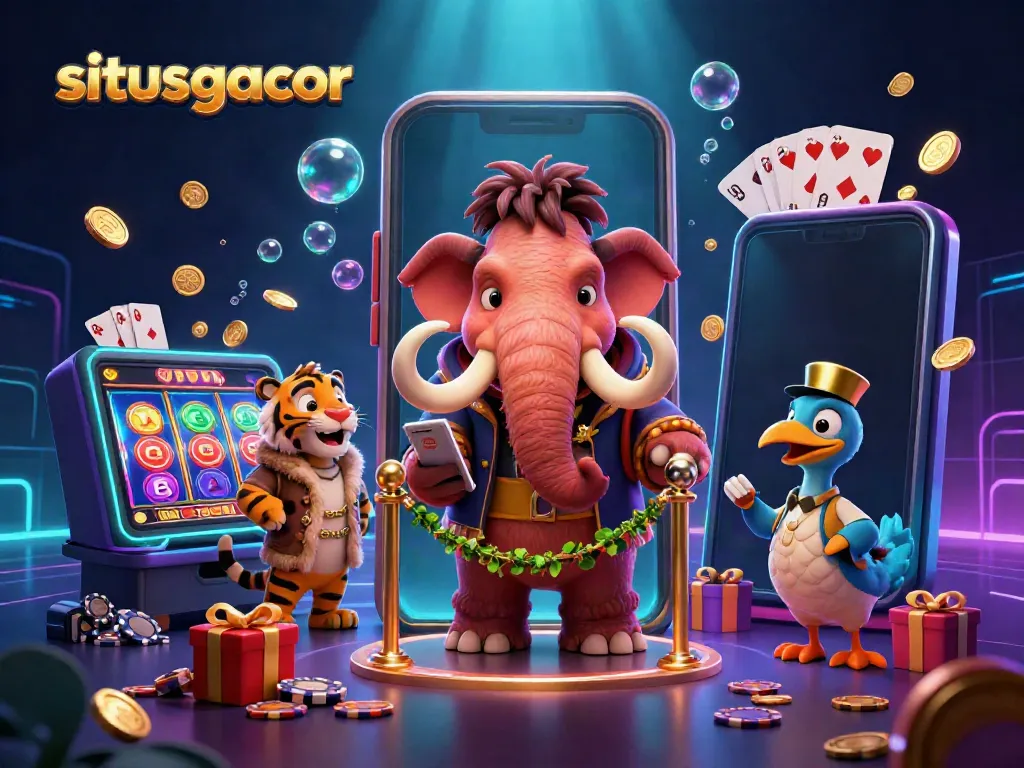 Judul situsgacor menampilkan bouncer mamut dan tamu VIP di kasino dengan permainan slot digital.