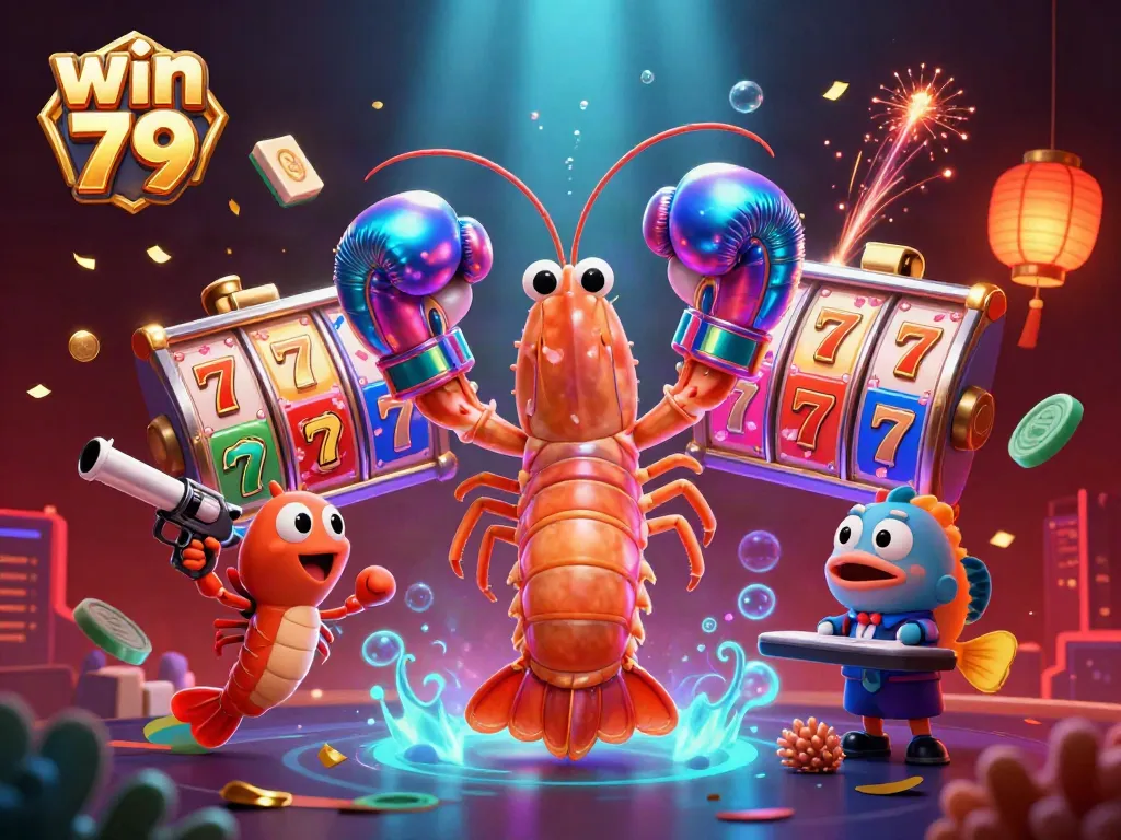 Win 79 champions amidst spinning slots and festive elements in a casino-themed scene.