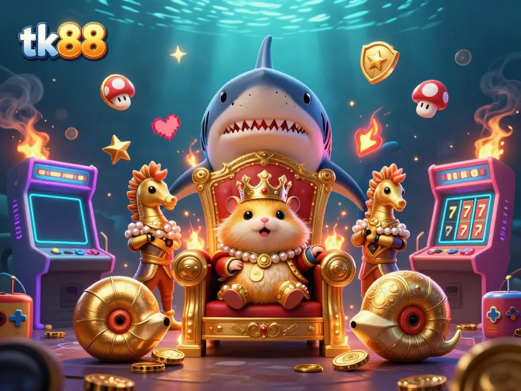 Experience the excitement of tk88 with the golden hamster king in a vibrant casino scene!
