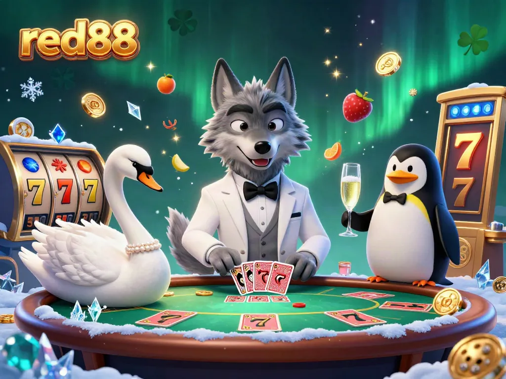 Experience thrilling slots at red88 with an elegant scene featuring a debonair wolf, a card-dealing swan, and a penguin sommelier.