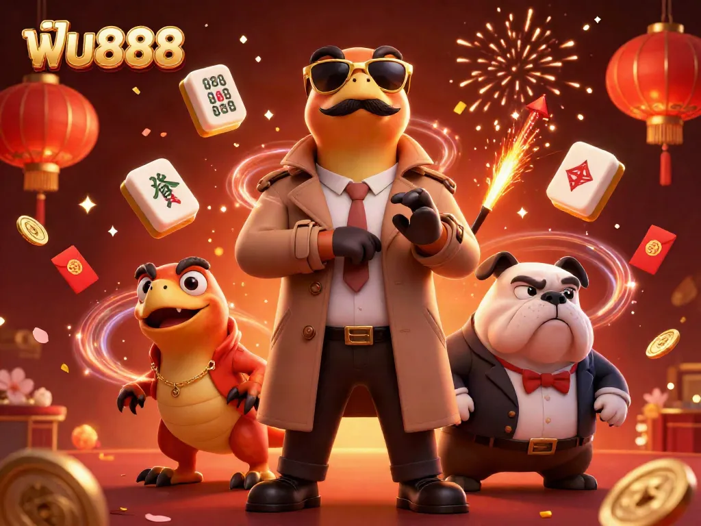 Enjoy the excitement of ฟัน888 with raptors entering a VIP casino, surrounded by festive elements.