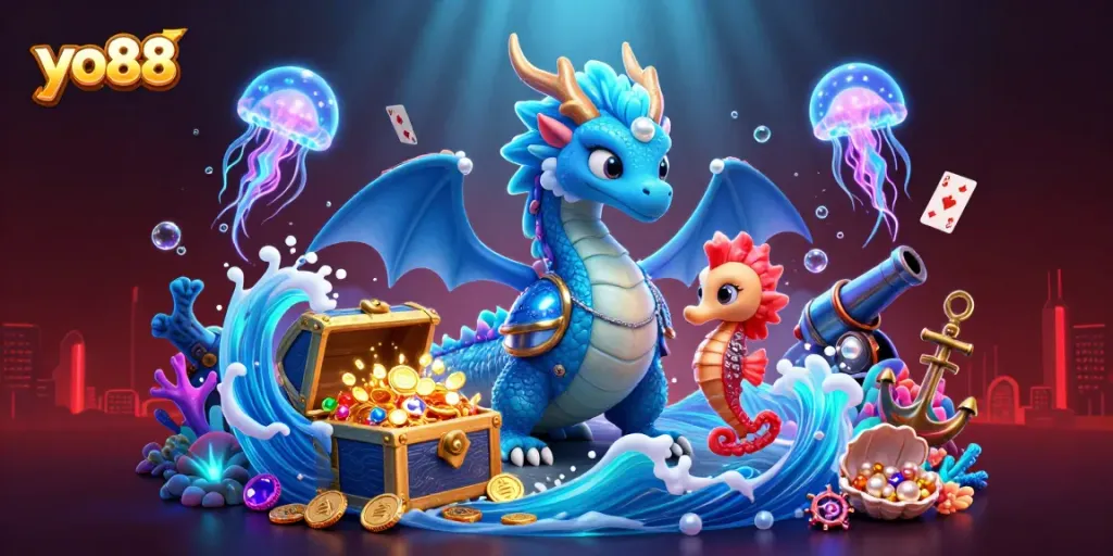 Experience thrilling gameplay with yo88, featuring a dragon, knight, and glowing jellyfish.