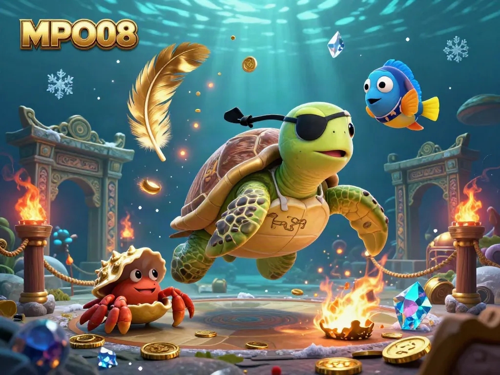 Experience exciting underwater treasure hunting in MPO08's vibrant casino scene featuring a pirate turtle.