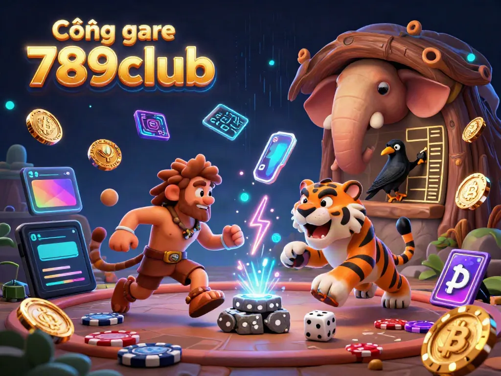Cổng game 789club showcases a vibrant prehistoric casino scene with cartoon characters and crypto elements.