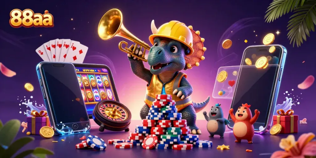 Engage with 88aa's vibrant gaming world as triceratops celebrates with poker chips and slots.