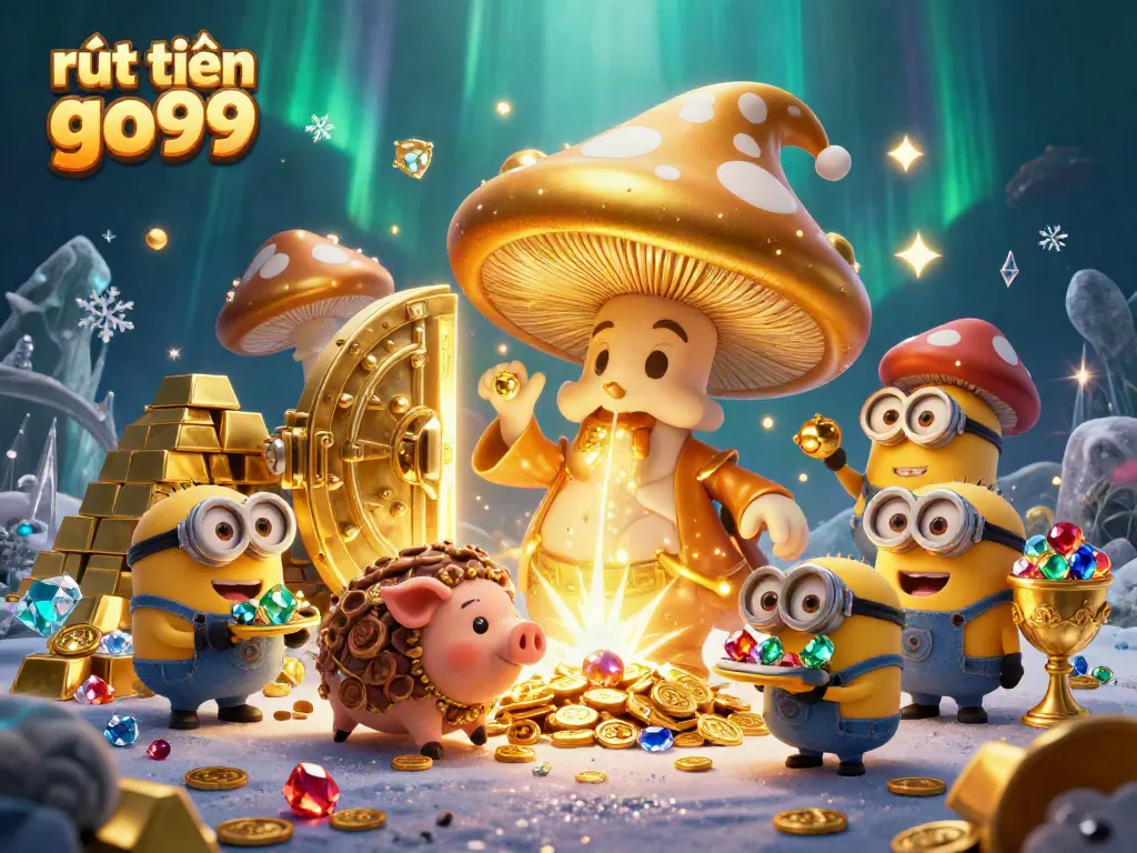 Engage in rút tiền go99 with 3D magical mushroom wizard and treasure, bursting with gold and gems.