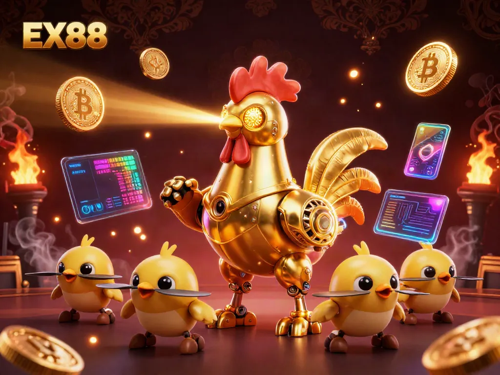 Engage with the futuristic golden rooster robot and chick drones at EX88's lively casino.
