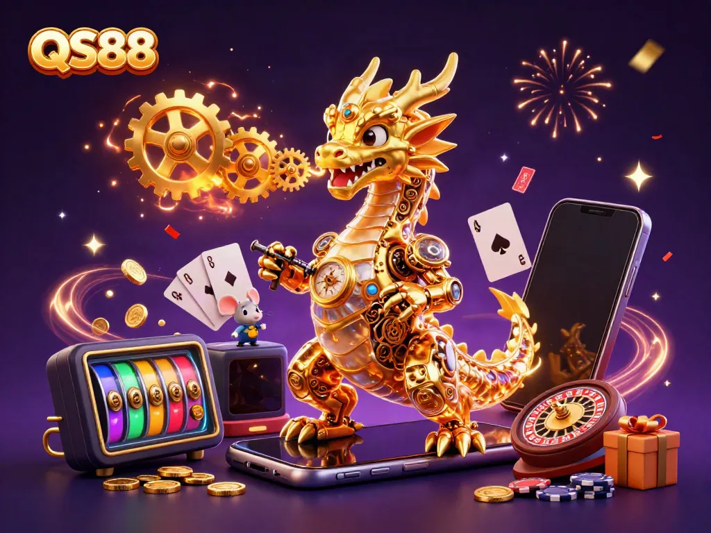 Experience thrilling gaming action with QS88 in this dynamic 3D scene featuring a golden dragon and slot games.