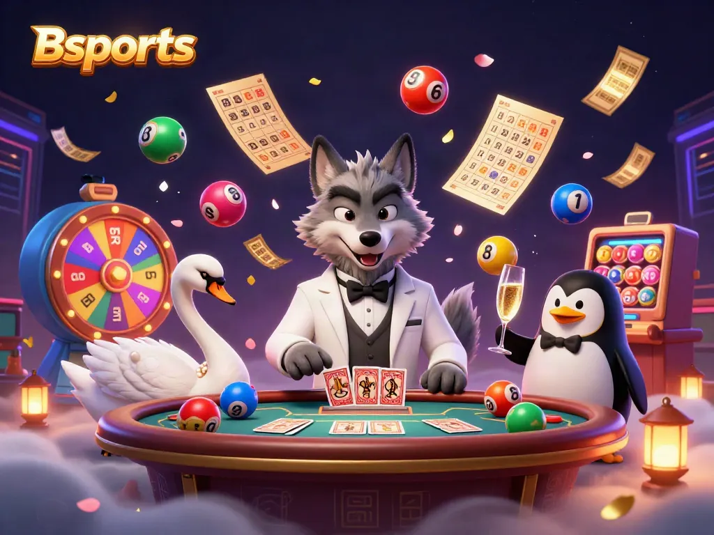 Bsports offers thrilling gaming with a whimsical scene of a debonair wolf, elegant swan, and penguin sommelier.