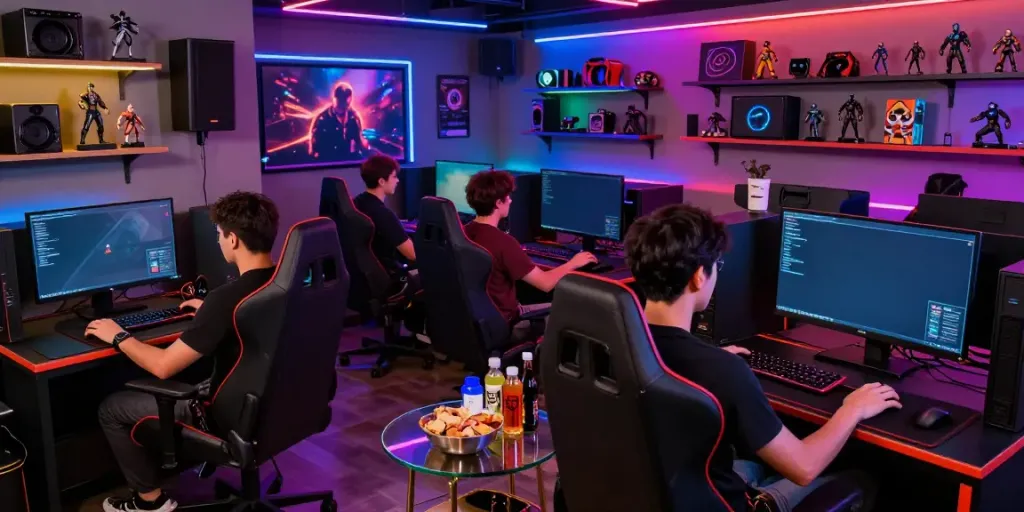 Men enjoying gaming at Manclub in a vibrant lounge with high-tech setups.