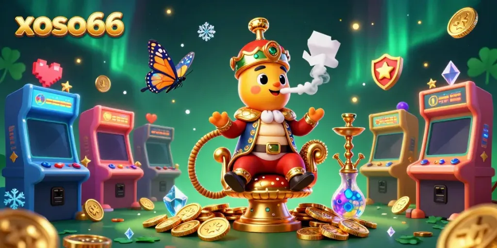 Experience excitement with xoso66 as a cartoon caterpillar master entertains amidst vibrant casino elements.