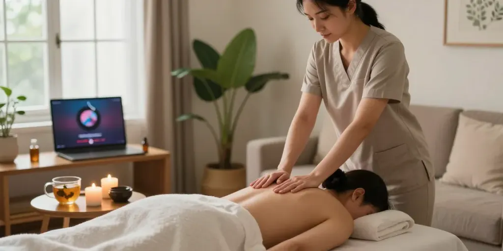 Experience ultimate relaxation with 화성출장안마 in a serene home setting, highlighting a professional massage session.