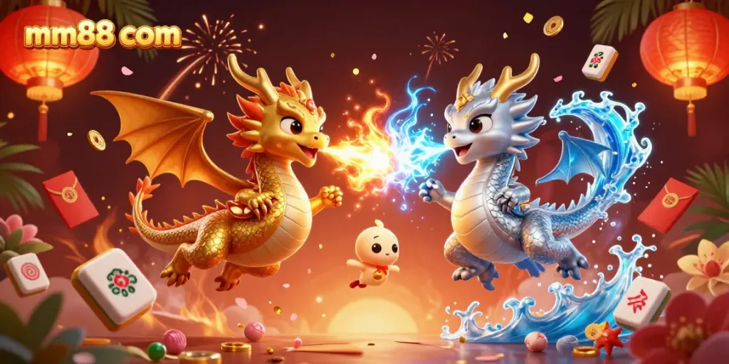 Experience excitement with mm88 com as twin dragons unleash fire and ice in a vibrant casino scene.