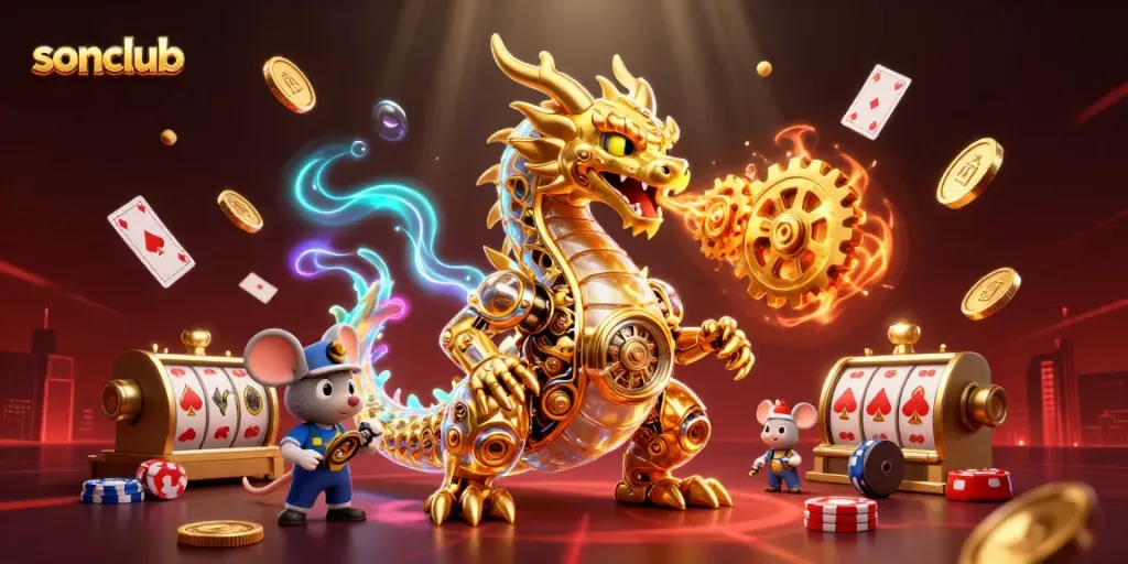 Engage with sonclub's thrilling magical casino atmosphere featuring a golden dragon, slot symbols, and vibrant cards.