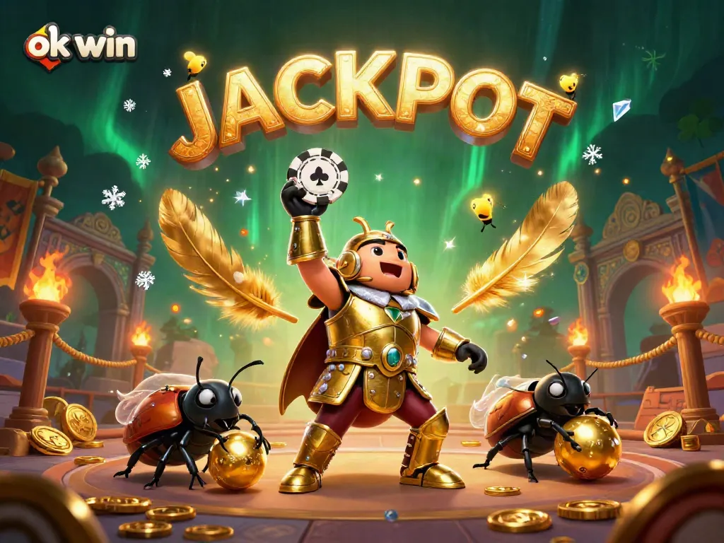 Experience thrilling wins with ok win, a vibrant 3D illustration showcasing a beetle hero celebrating victory in the gaming arena.