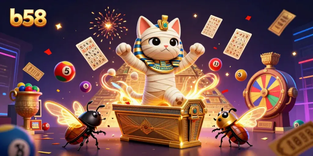 Experience the thrill of b58 with a vibrant 3D casino scene featuring a mummy cat and dynamic lottery elements.