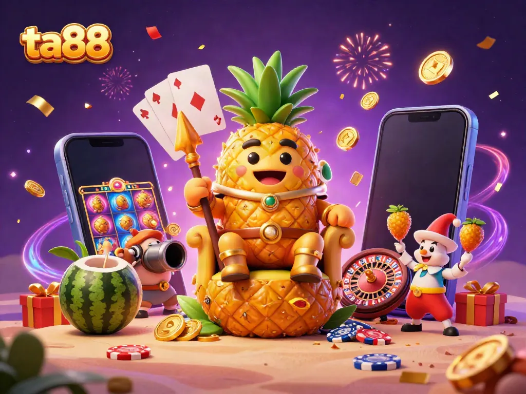 Experience the vibrant ta88 gaming scene with a golden pineapple king and casino games.