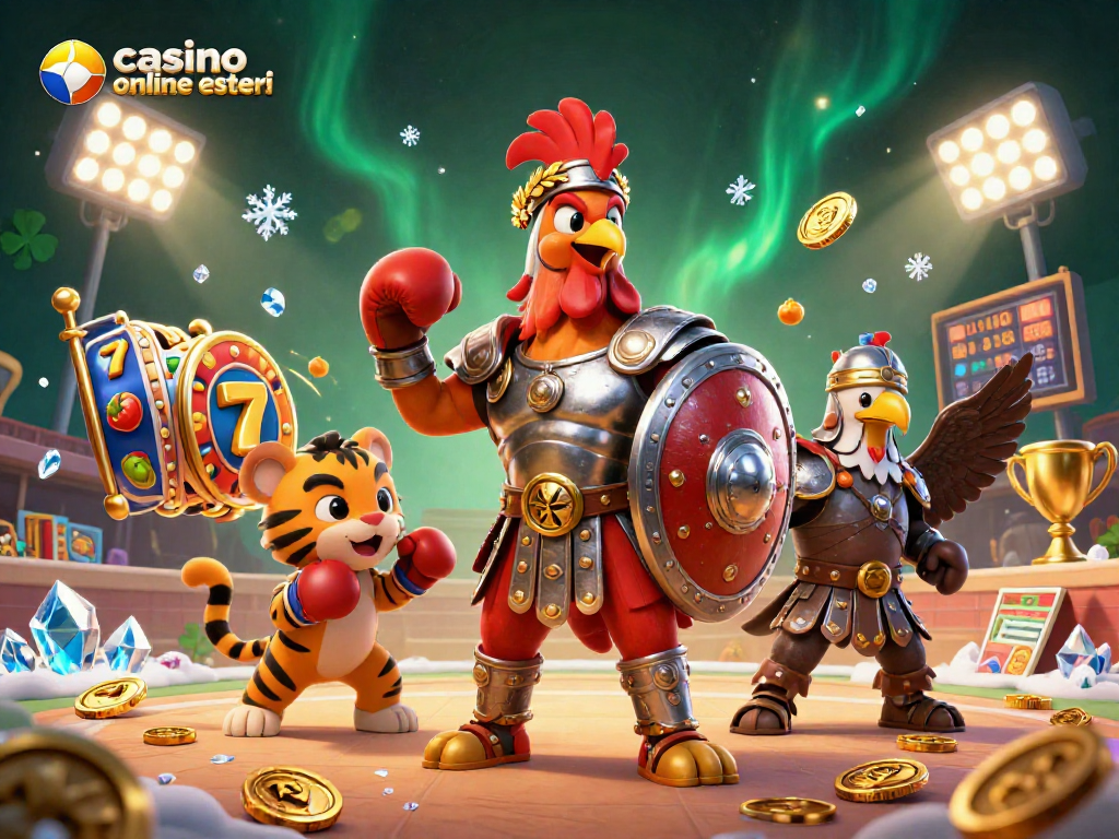 Immergiti nell'azione con i casinò online esteri: un gallo gladiatore affronta emozionanti slot in un'arena vibrante.