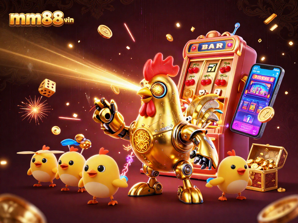 Engage in thrilling jackpots with mm88 vin illustrated by a vibrant retro-futuristic casino scene.