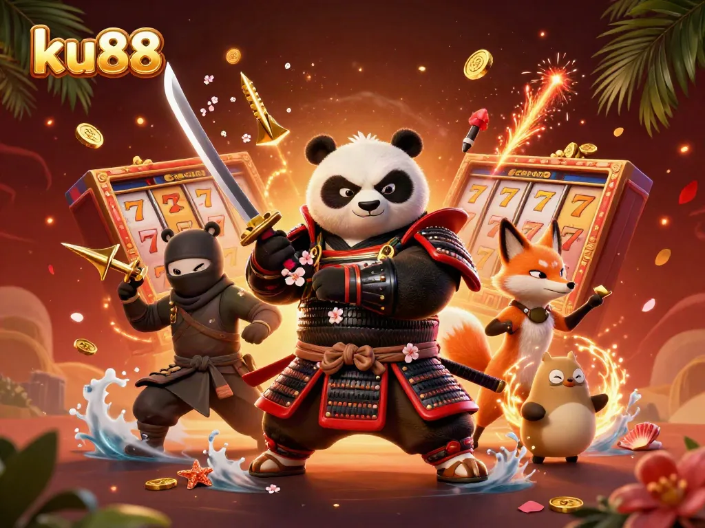 Enjoy thrilling slots at ku88 with a samurai panda and ninja fox celebrating a jackpot.