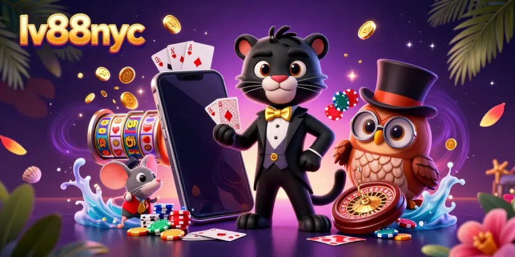 Experience excitement at lv88nyc with a lively scene of characters gambling with cards and chips.
