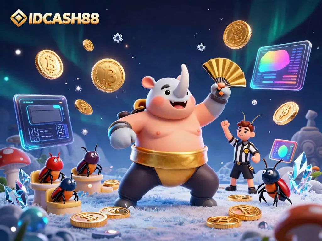 Experience IDCASH88 with a dynamic scene featuring a rhinoceros beetle sumo champion, sending coins flying in a vibrant digital casino.