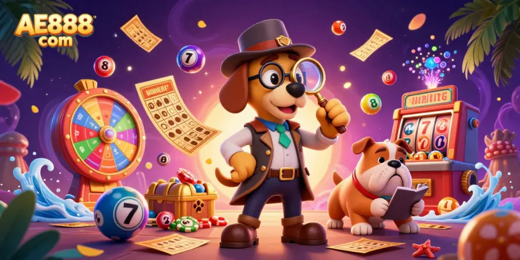 A 3D cartoon detective bloodhound investigates a golden poker chip clue in a vibrant casino scene, AE888 com branding visible.