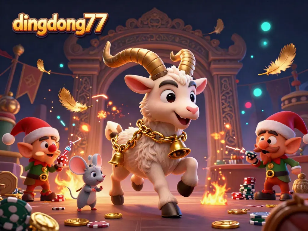 Dive into the gaming excitement with dingdong77 at this vibrant holiday casino illustrated scene filled with mischievous characters.
