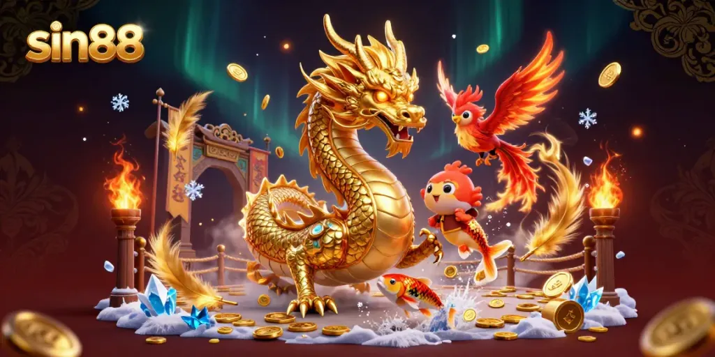 Experience thrilling gameplay at sin88 with a golden dragon, phoenix, and koi in a vibrant, action-packed casino scene.
