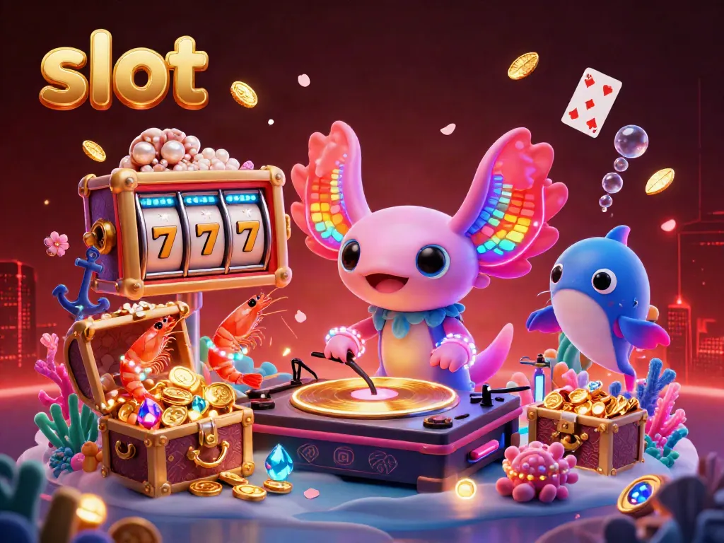 Experience thrilling slot action with a neon-colored DJ axolotl, vibrant treasure, and jackpot excitement.