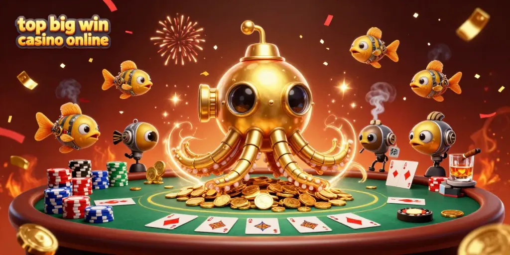 Experience top big win casino online in this vibrant 3D scene featuring a kraken submarine and poker elements.