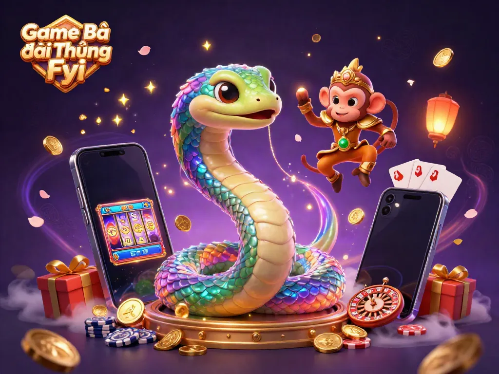 A vibrant display of excitement featuring Game Bài Đổi Thưởng Fyi with a rainbow serpent and monkey king in a dynamic casino scene.