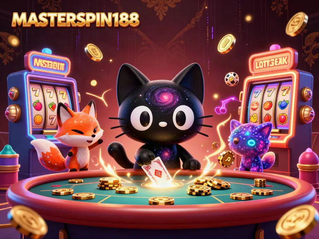 Experience the thrill of MASTERSPIN188 with a cosmic casino scene showcasing vibrant slot machines and interactive game elements.