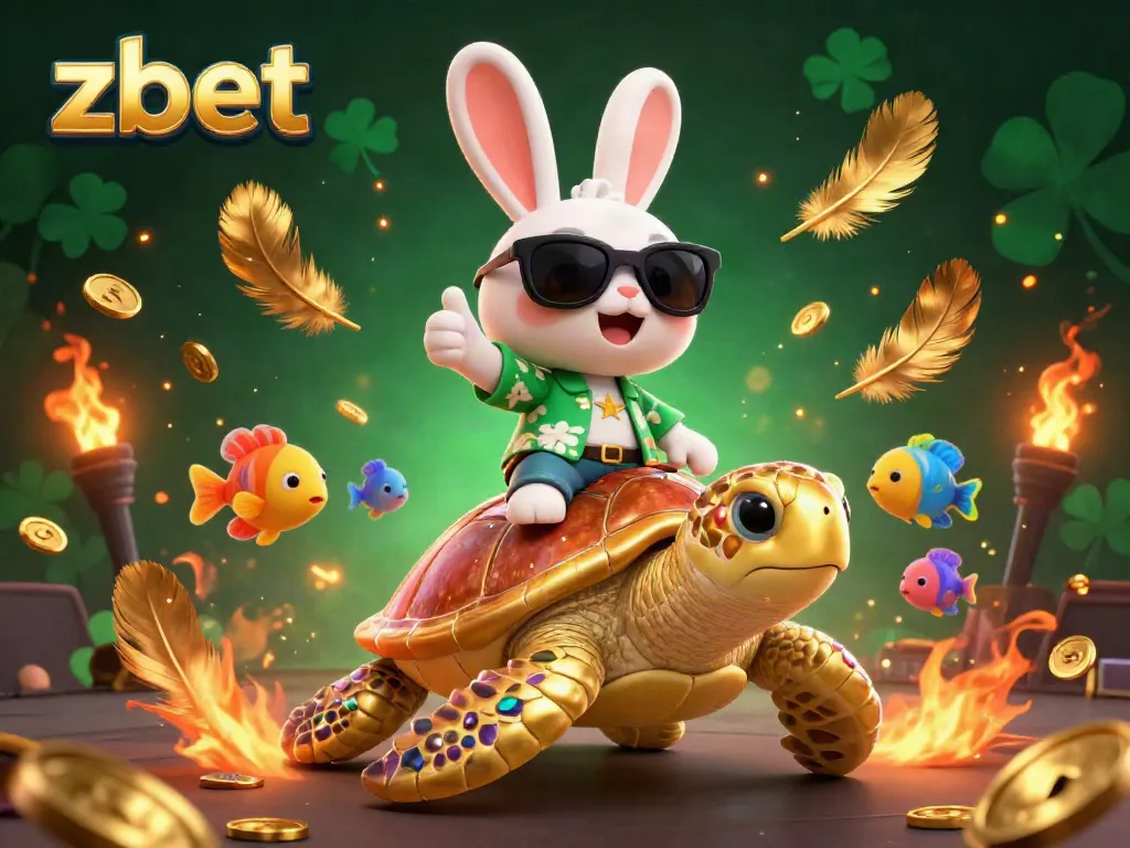 Engage with zbet featuring a lucky rabbit and sea turtle amidst golden gaming elements.