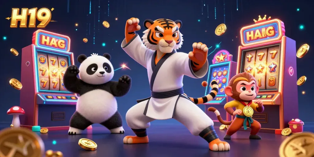 Experience the excitement of H19 casino with a dynamic illustration of a kung fu tiger and friends amidst slot machines.