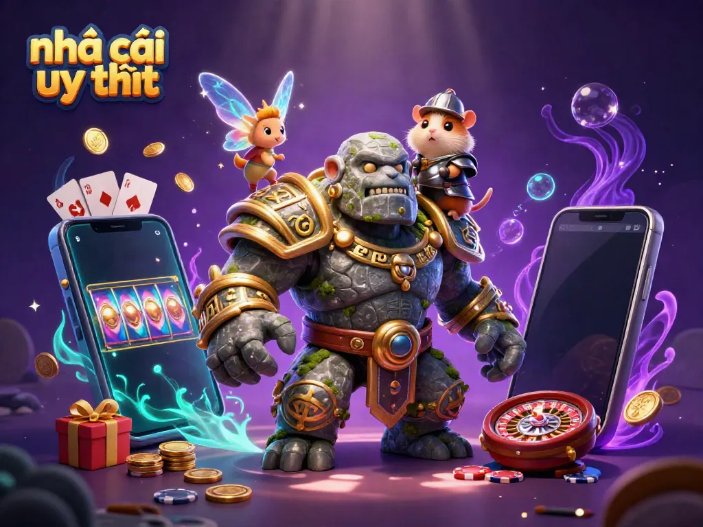 Engaging scene showing characters amid casino elements, emphasizing nhà cái uy tín in a vibrant atmosphere.